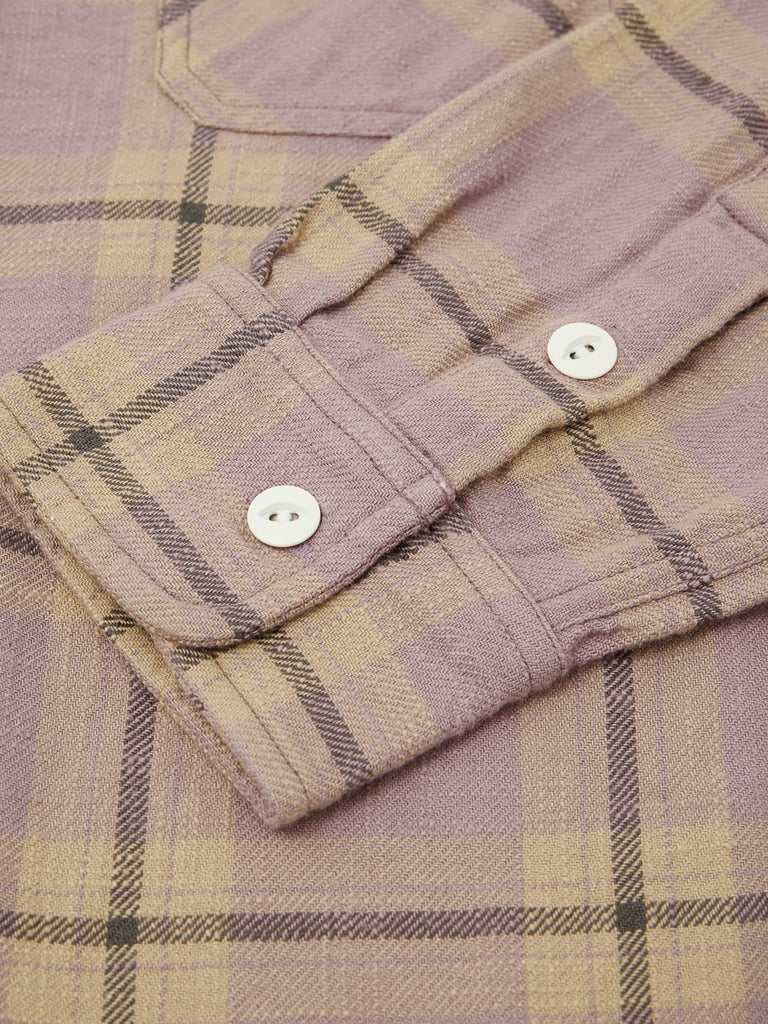 3sixteen Crosscut Flannel Mauve Slub Check shirt buttons closeup
