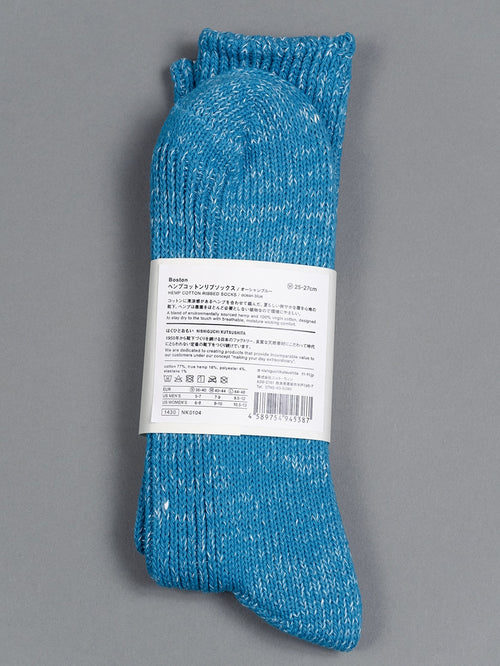 Nishiguchi Kutsushita Boston hemp ribbed socks ocean blue back label