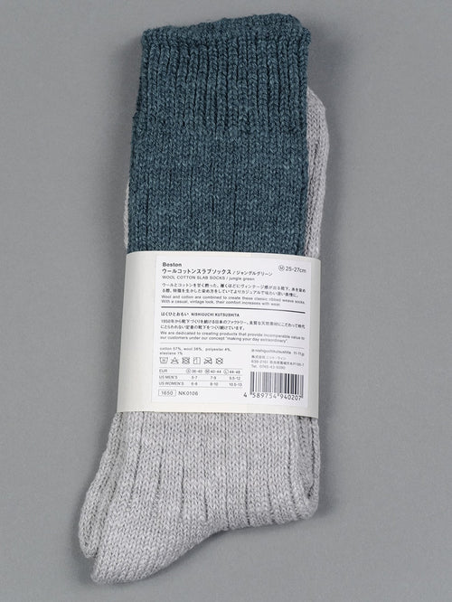 Nishiguchi Kutsushita boston wool cotton slab socks jungle green back label