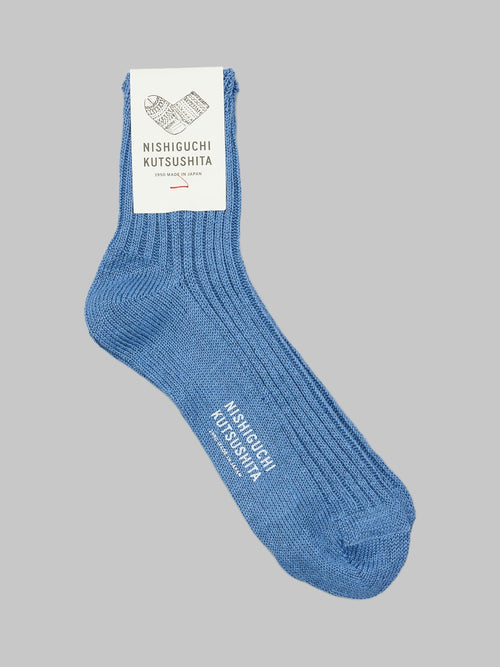 nishiguchi kutsushita linen ribbed socks blue made in japan