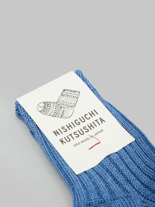 nishiguchi kutsushita linen ribbed socks blue front label