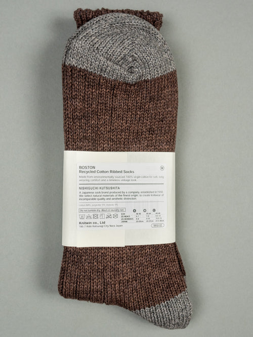 Nishiguchi Kutsushita Recycled Cotton Ribbed Socks Brown Details