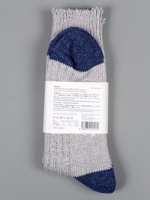 nishiguchi kutsushita recycled cotton ribbed socks light grey back label