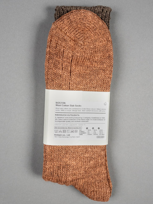 Nishiguchi Kutsushita Wool Cotton Slab Socks Brown label