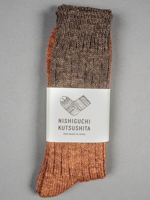 Nishiguchi Kutsushita Wool Cotton Slab Socks Brown