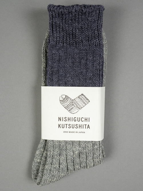 Nishiguchi Kutsushita Wool Cotton Slab Socks Blue Grey