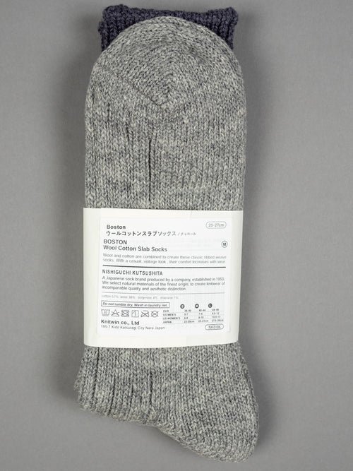 Nishiguchi Kutsushita Wool Cotton Slab Socks Blue Grey Back Label