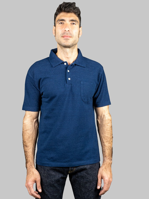 studio dartisan indigo dyed pique polo shirt model front fit