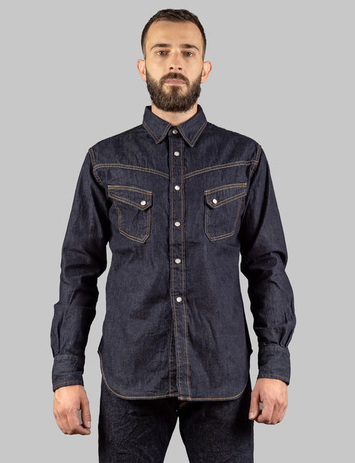 tcb jeans ranchman selvedge denim shirt model front fit