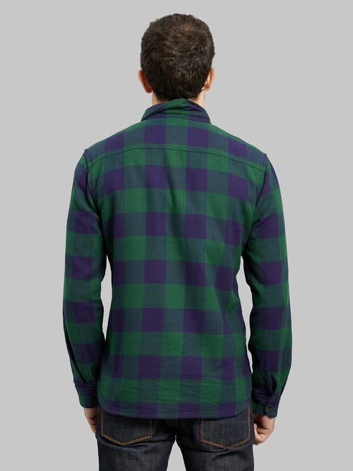 The Flat Head Block Check Flannel Shirt Navy Green model back fit