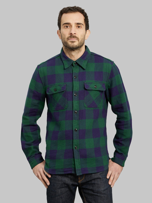 The Flat Head Block Check Flannel Shirt Navy Green model front fit