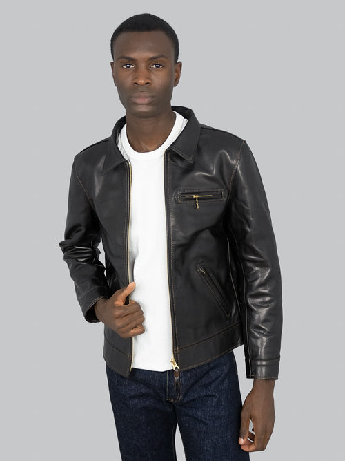 The Flat Head Horsehide Single Riders Jacket Black model front fit