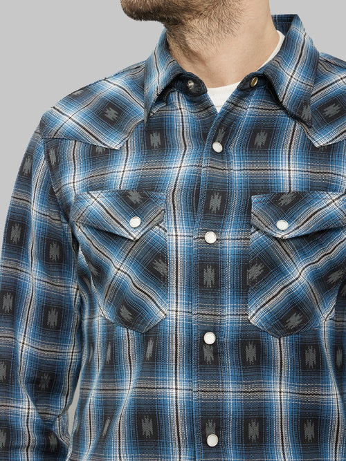 The Flat Head Native Check Western Shirt blue chest details