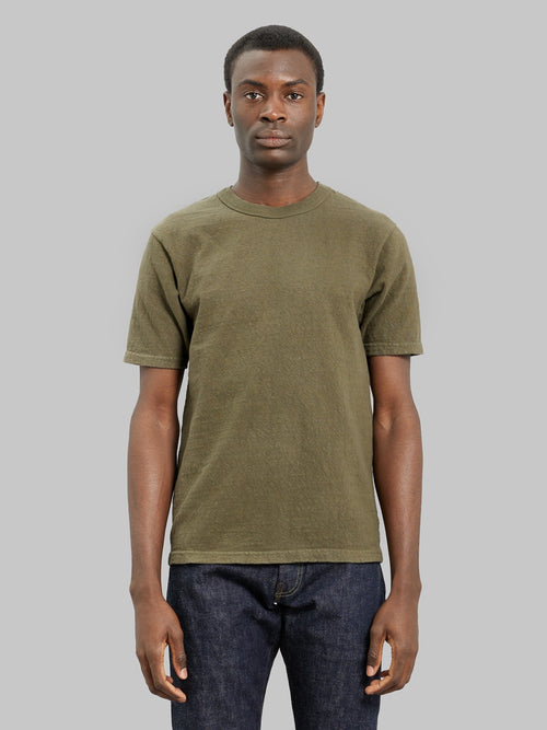 UES No 8 Slub Nep Short Sleeve Tshirt Olive  model front fit